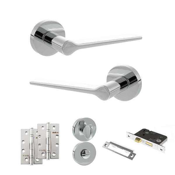 Senza Pari Laviano Door Handle Pack (Bathroom Set - 3" CE Bathroom Lock, 4" Slim Knuckle Hinges x2) - Polished Chrome - ADPSPR180PC13