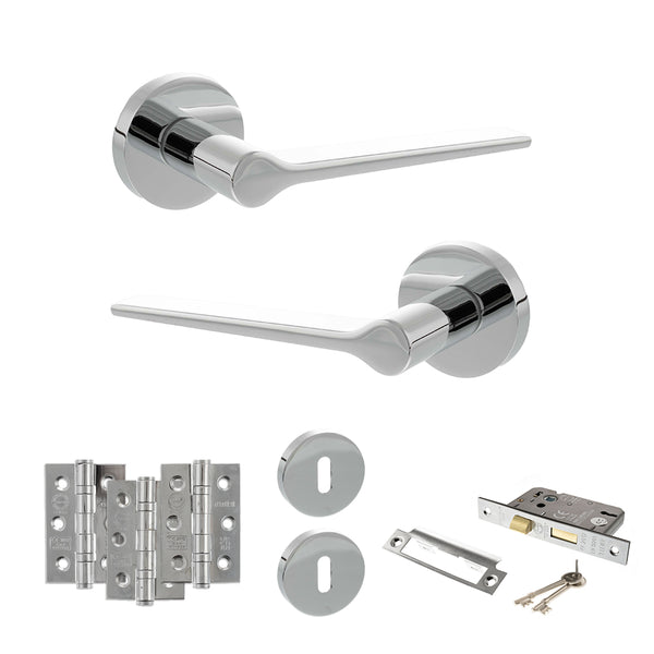 Senza Pari Laviano Door Handle Pack (3 Lever Lock Set - 2.5" CE Sashlock, 3" Fire Rated Hinges x3) - Polished Chrome - ADPSPR180PC14