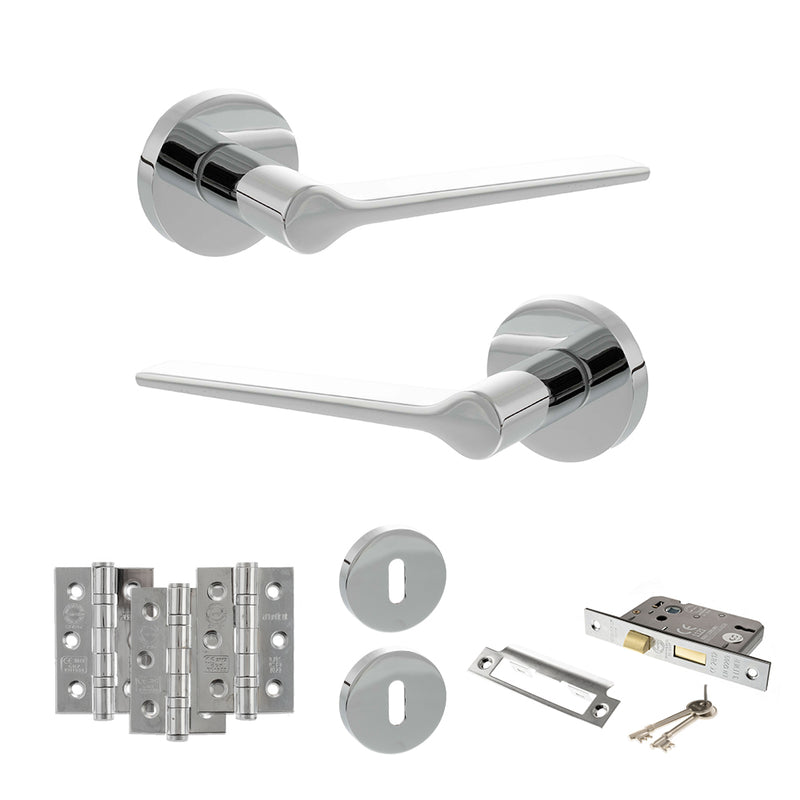 Senza Pari Laviano Door Handle Pack (3 Lever Lock Set - 3" CE Sashlock, 3" Fire Rated Hinges x3) - Polished Chrome - ADPSPR180PC15