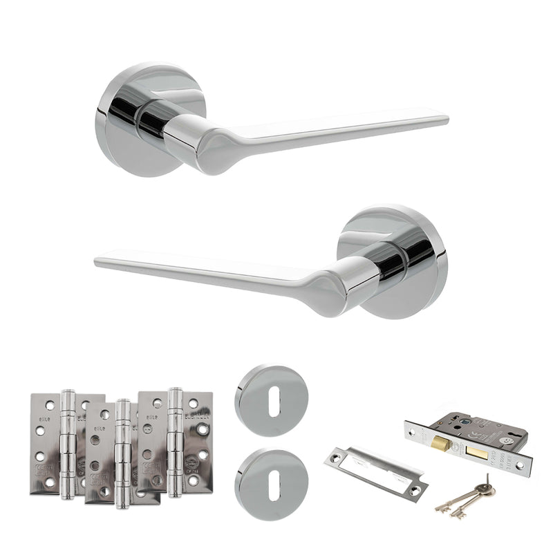 Senza Pari Laviano Door Handle Pack (3 Lever Lock Set - 3" CE Sashlock, 4" Fire Rated Hinges x3) - Polished Chrome - ADPSPR180PC17