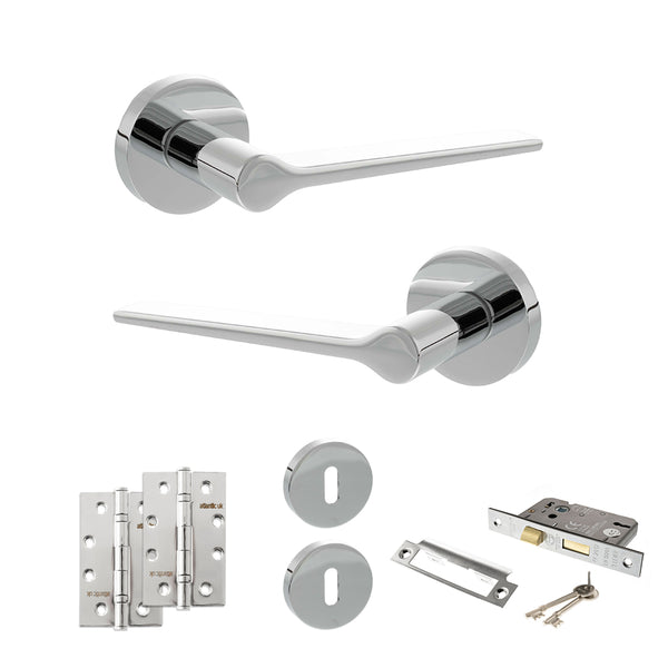 Senza Pari Laviano Door Handle Pack (3 Lever Lock Set - 2.5" CE Sashlock, 4" Slim Knuckle Hinges x2) - Polished Chrome - ADPSPR180PC18