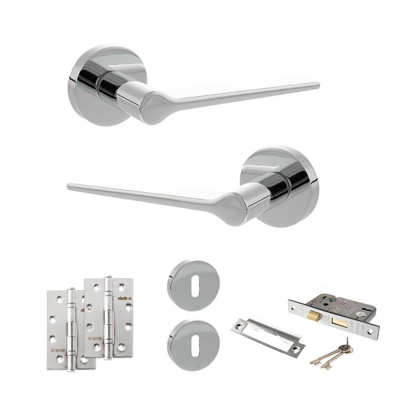 Senza Pari Laviano Door Handle Pack (3 Lever Lock Set - 2.5" CE Sashlock, 4" Slim Knuckle Hinges x2) - Polished Chrome - ADPSPR180PC18 - Choice Handles