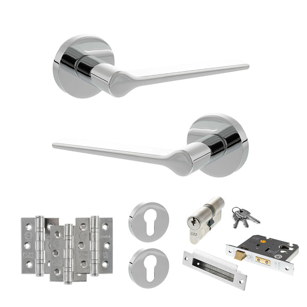 Senza Pari Laviano Door Handle Pack (Euro Lock Set - 2.5" CE Sashlock, 3" Fire Rated Hinges x3) - Polished Chrome - ADPSPR180PC20