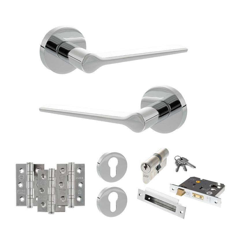 Senza Pari Laviano Door Handle Pack (Euro Lock Set - 3" CE Sashlock, 3" Fire Rated Hinges x3) - Polished Chrome - ADPSPR180PC21 - Choice Handles