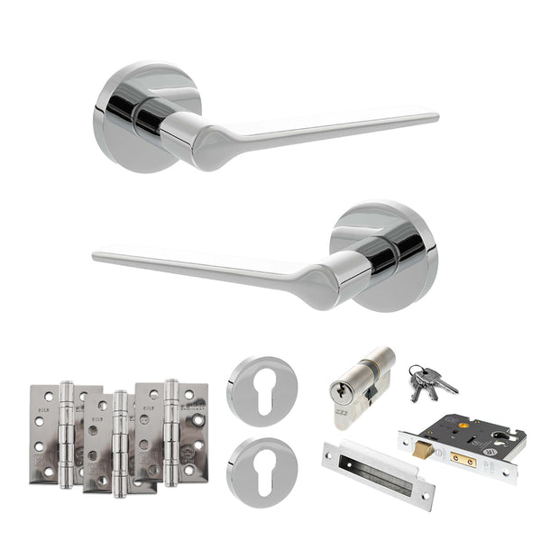 Senza Pari Laviano Door Handle Pack (Euro Lock Set - 2.5" CE Sashlock, 4" Fire Rated Hinges x3) - Polished Chrome - ADPSPR180PC22