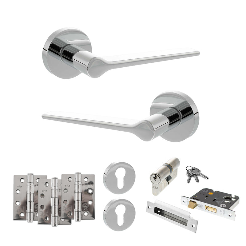 Senza Pari Laviano Door Handle Pack (Euro Lock Set - 2.5" CE Sashlock, 4" Fire Rated Hinges x3) - Polished Chrome - ADPSPR180PC22