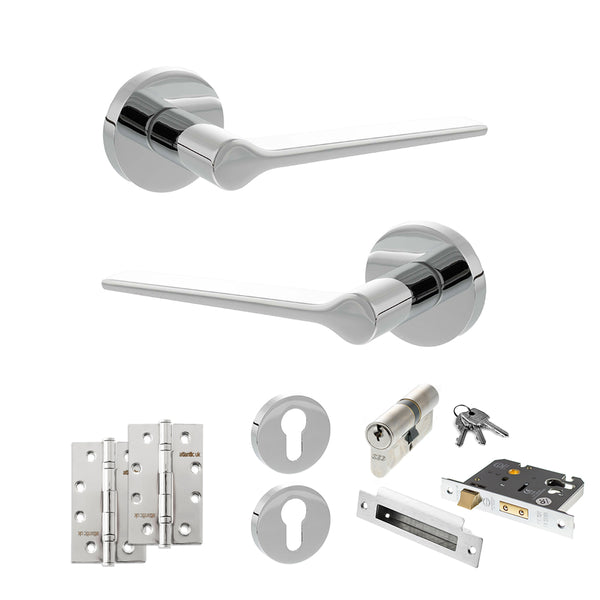 Senza Pari Laviano Door Handle Pack (Euro Lock Set - 2.5" CE Sashlock, 4" Slim Knuckle Hinges x2) - Polished Chrome - ADPSPR180PC24