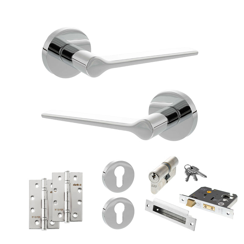 Senza Pari Laviano Door Handle Pack (Euro Lock Set - 3" CE Sashlock, 4" Slim Knuckle Hinges x2) - Polished Chrome - ADPSPR180PC25 - Choice Handles
