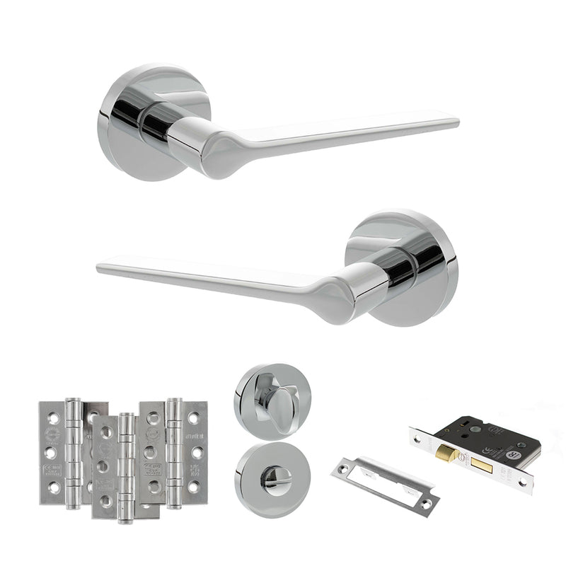 Senza Pari Laviano Door Handle Pack (Bathroom Set - 2.5" CE Bathroom Lock, 3" Fire Rated Hinges x3) - Polished Chrome - ADPSPR180PC8