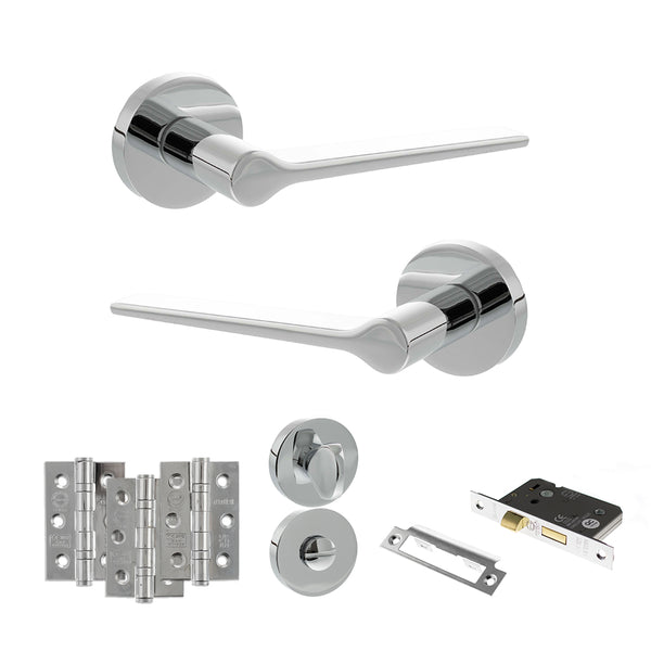 Senza Pari Laviano Door Handle Pack (Bathroom Set - 3" CE Bathroom Lock, 3" Fire Rated Hinges x3) - Polished Chrome - ADPSPR180PC9