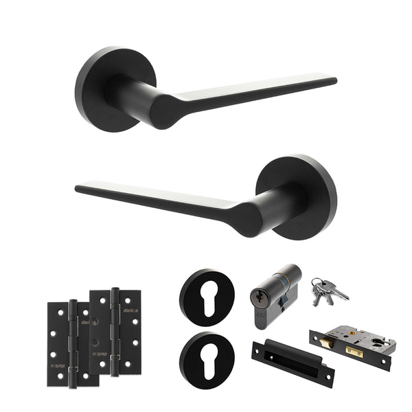 Senza Pari Laviano Door Handle Pack (Euro Lock Set - 2.5" CE Sashlock, 4" Slim Knuckle Hinges x2) - Matt Black - ADPSPR180MB24