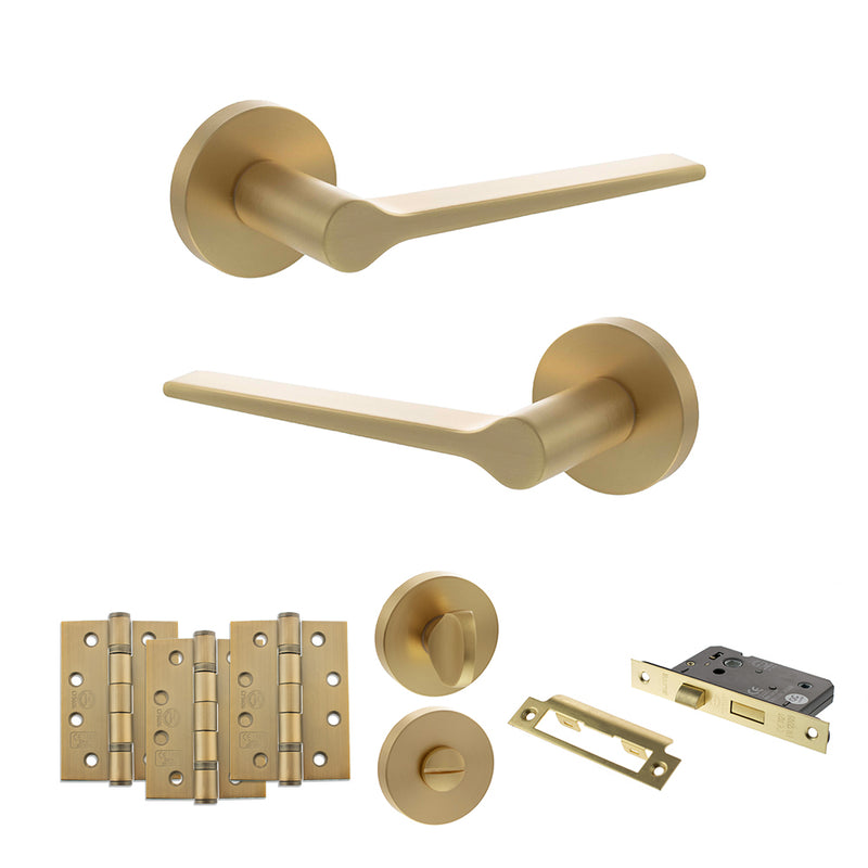 Senza Pari Laviano Door Handle Pack (Bathroom Set - 2.5" CE Bathroom Lock, 4" Fire Rated Hinges x3) - Satin Brass - ADPSPR180SB10