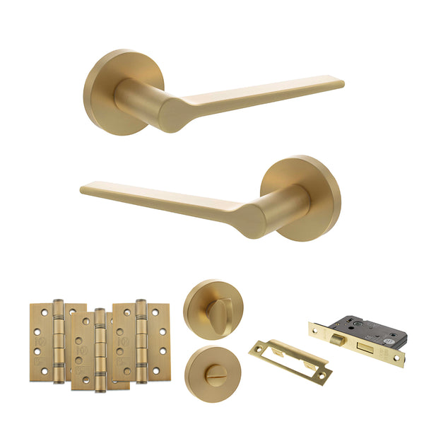 Senza Pari Laviano Door Handle Pack (Bathroom Set - 3" CE Bathroom Lock, 4" Fire Rated Hinges x3) - Satin Brass - ADPSPR180SB11
