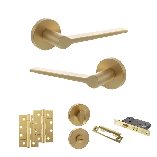 Senza Pari Laviano Door Handle Pack (Bathroom Set - 3" CE Bathroom Lock, 4" Slim Knuckle Hinges x2) - Satin Brass - ADPSPR180SB13