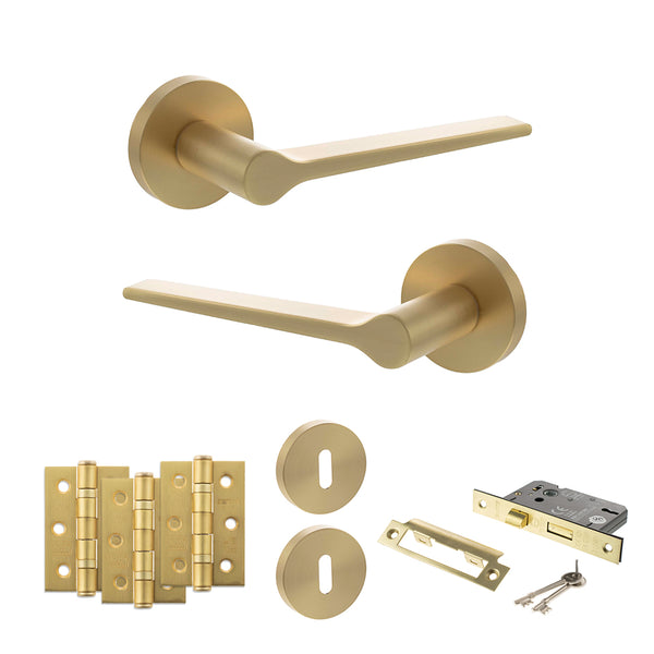 Senza Pari Laviano Door Handle Pack (3 Lever Lock Set - 2.5" CE Sashlock, 3" Fire Rated Hinges x3) - Satin Brass - ADPSPR180SB14