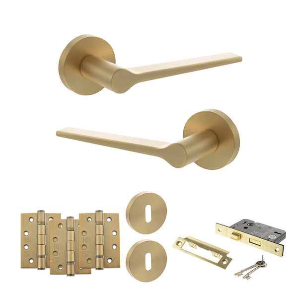 Senza Pari Laviano Door Handle Pack (3 Lever Lock Set - 2.5" CE Sashlock, 4" Fire Rated Hinges x3) - Satin Brass - ADPSPR180SB16