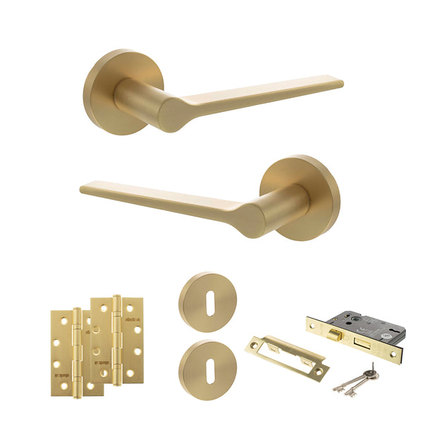 Senza Pari Laviano Door Handle Pack (3 Lever Lock Set - 2.5" CE Sashlock, 4" Slim Knuckle Hinges x2) - Satin Brass - ADPSPR180SB18