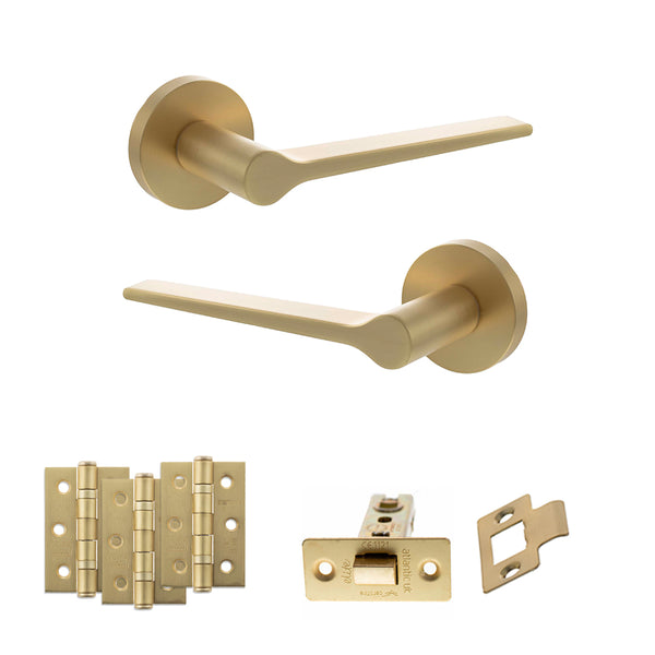 Senza Pari Laviano Door Handle Pack (Latch Set - 2.5" CE Latch, 3" Fire Rated Hinges x3) - Satin Brass - ADPSPR180SB1