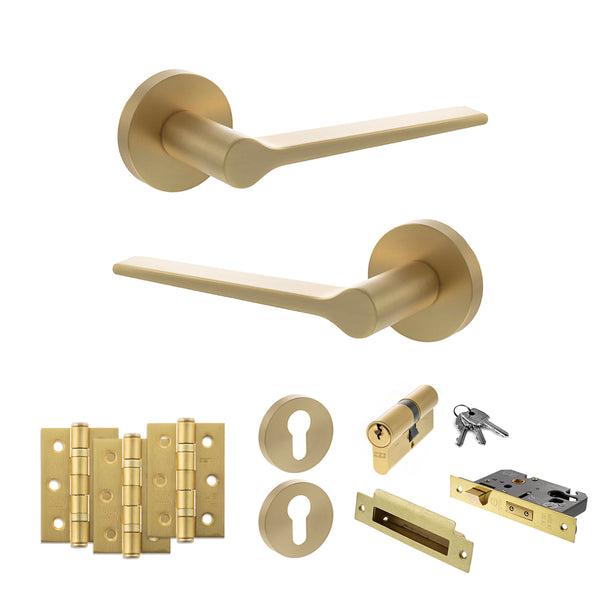 Senza Pari Laviano Door Handle Pack (Euro Lock Set - 2.5" CE Sashlock, 3" Fire Rated Hinges x3) - Satin Brass - ADPSPR180SB20