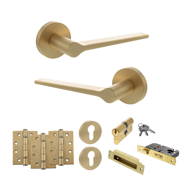 Senza Pari Laviano Door Handle Pack (Euro Lock Set - 3" CE Sashlock, 4" Fire Rated Hinges x3) - Satin Brass - ADPSPR180SB23