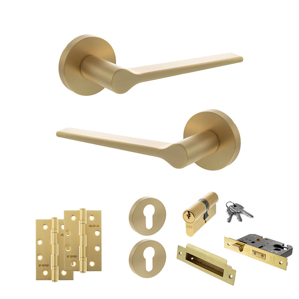 Senza Pari Laviano Door Handle Pack (Euro Lock Set - 2.5" CE Sashlock, 4" Slim Knuckle Hinges x2) - Satin Brass - ADPSPR180SB24