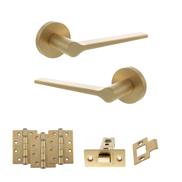 Senza Pari Laviano Door Handle Pack (Latch Set - 2.5" CE Latch, 4" Fire Rated Hinges x3) - Satin Brass - ADPSPR180SB3