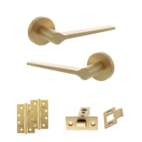Senza Pari Laviano Door Handle Pack (Latch Set - 3" CE Latch, 4" Slim Knuckle Hinges x2) - Satin Brass - ADPSPR180SB6