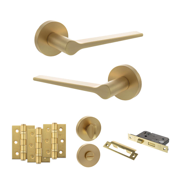 Senza Pari Laviano Door Handle Pack (Bathroom Set - 3" CE Bathroom Lock, 3" Fire Rated Hinges x3) - Satin Brass - ADPSPR180SB9