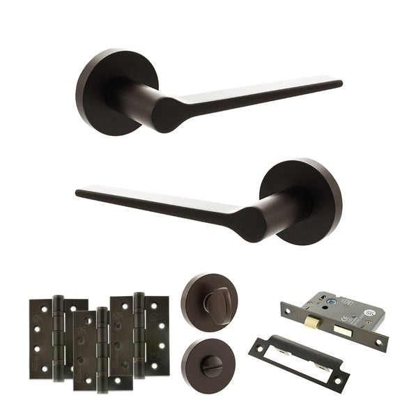 Senza Pari Laviano Door Handle Pack (Bathroom Set - 2.5" CE Bathroom Lock, 4" Fire Rated Hinges x3) - Urban Dark Bronze - ADPSPR180UDB10