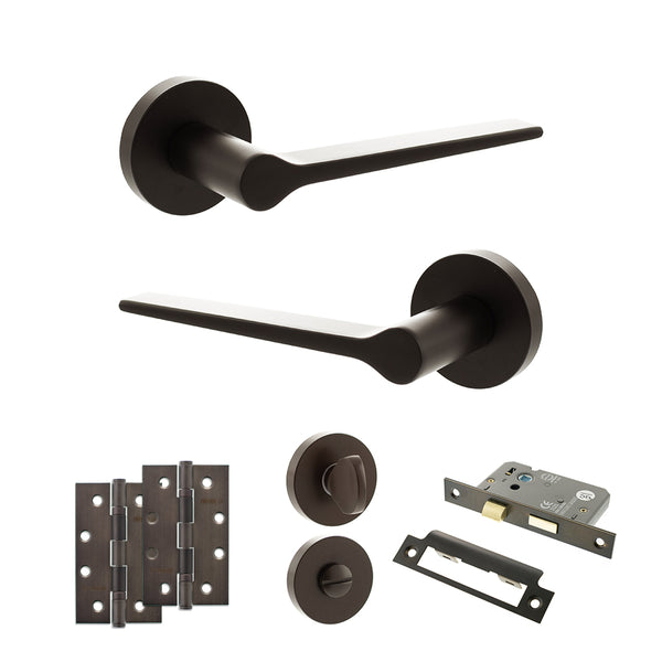 Senza Pari Laviano Door Handle Pack (Bathroom Set - 3" CE Bathroom Lock, 4" Slim Knuckle Hinges x2) - Urban Dark Bronze - ADPSPR180UDB13