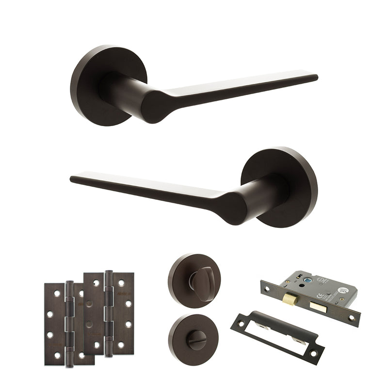 Senza Pari Laviano Door Handle Pack (Bathroom Set - 3" CE Bathroom Lock, 4" Slim Knuckle Hinges x2) - Urban Dark Bronze - ADPSPR180UDB13
