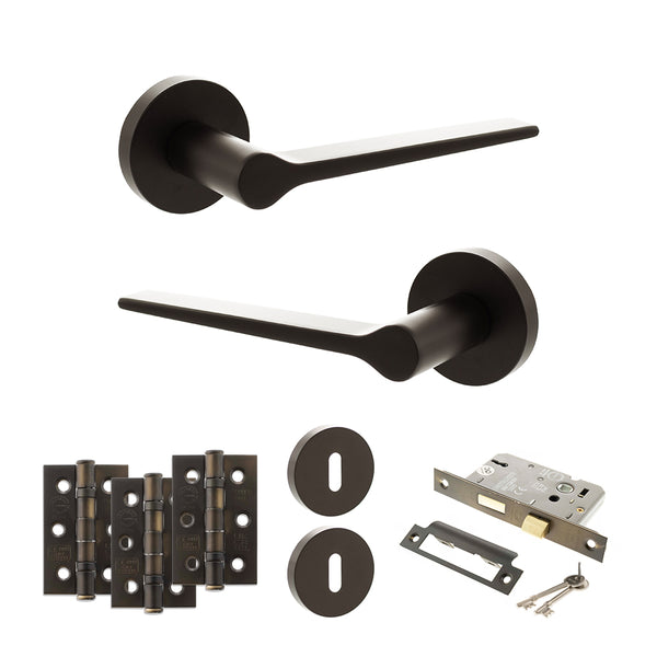 Senza Pari Laviano Door Handle Pack (3 Lever Lock Set - 2.5" CE Sashlock, 3" Fire Rated Hinges x3) - Urban Dark Bronze - ADPSPR180UDB14