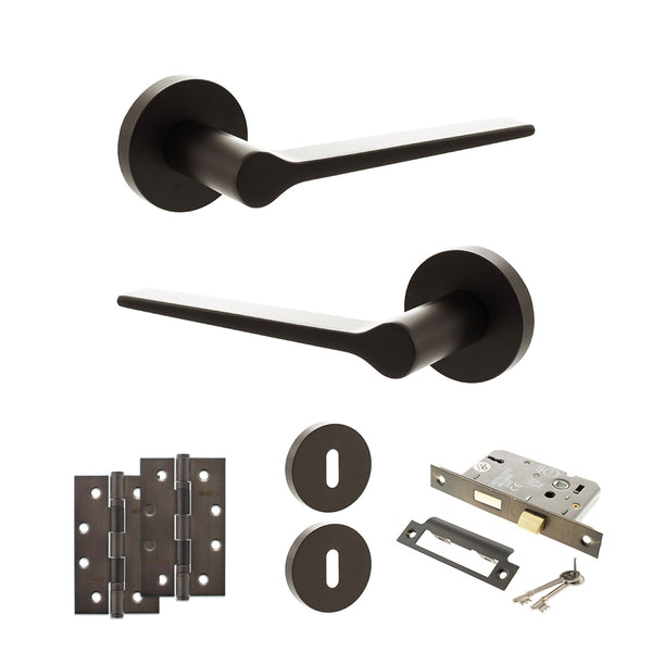 Senza Pari Laviano Door Handle Pack (3 Lever Lock Set - 2.5" CE Sashlock, 4" Slim Knuckle Hinges x2) - Urban Dark Bronze - ADPSPR180UDB18