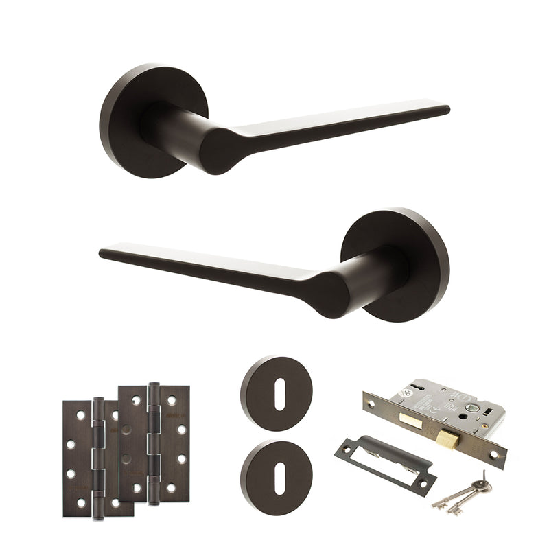 Senza Pari Laviano Door Handle Pack (3 Lever Lock Set - 2.5" CE Sashlock, 4" Slim Knuckle Hinges x2) - Urban Dark Bronze - ADPSPR180UDB18