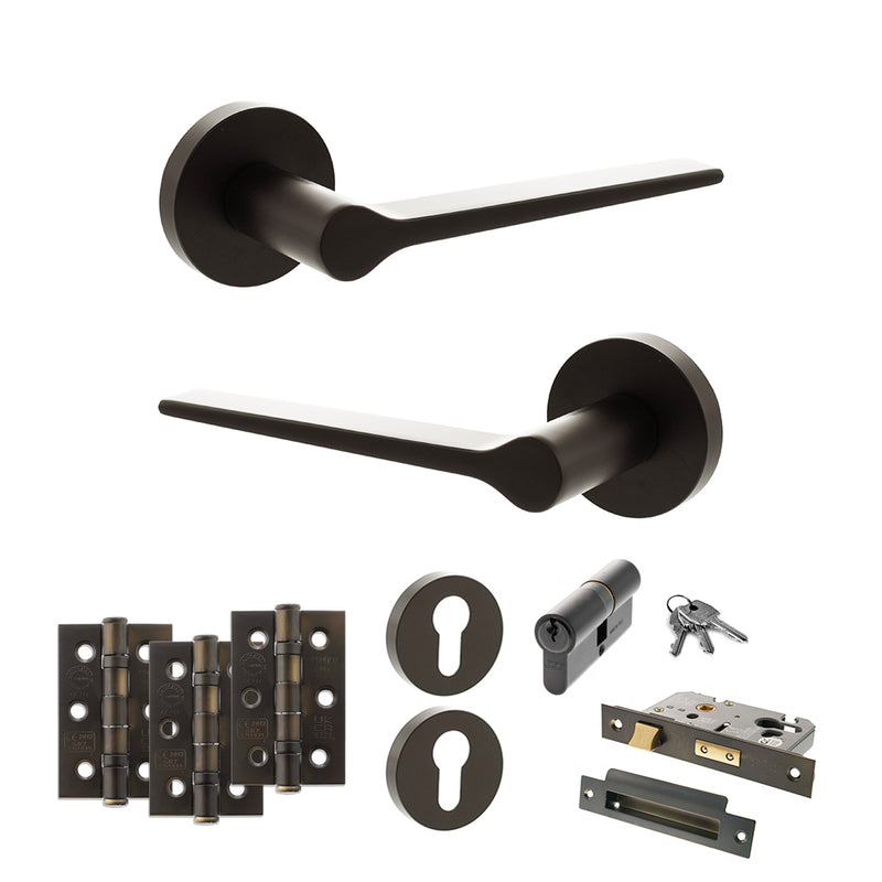Senza Pari Laviano Door Handle Pack (Euro Lock Set - 2.5" CE Sashlock, 3" Fire Rated Hinges x3) - Urban Dark Bronze - ADPSPR180UDB20