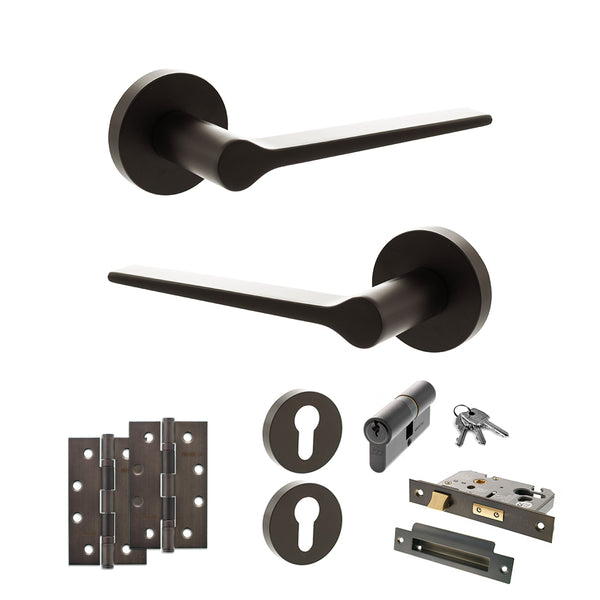 Senza Pari Laviano Door Handle Pack (Euro Lock Set - 2.5" CE Sashlock, 4" Slim Knuckle Hinges x2) - Urban Dark Bronze - ADPSPR180UDB24