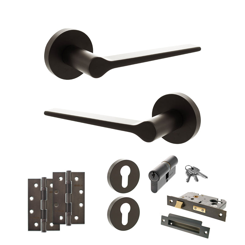 Senza Pari Laviano Door Handle Pack (Euro Lock Set - 3" CE Sashlock, 4" Slim Knuckle Hinges x2) - Urban Dark Bronze - ADPSPR180UDB25 - Choice Handles