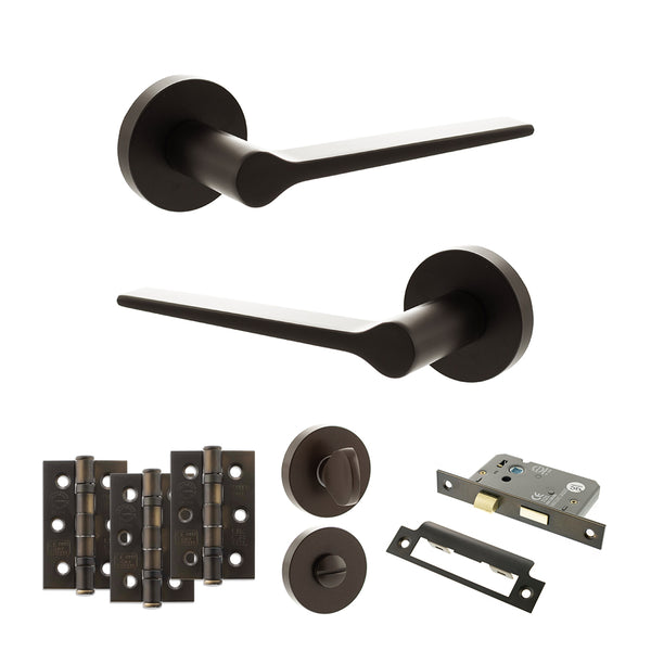 Senza Pari Laviano Door Handle Pack (Bathroom Set - 3" CE Bathroom Lock, 3" Fire Rated Hinges x3) - Urban Dark Bronze - ADPSPR180UDB9