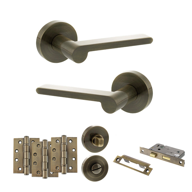 Senza Pari Darrio Door Handle Pack (Bathroom Set - 3" CE Bathroom Lock, 4" Fire Rated Hinges x3) - Antique Brass - ADPSPRO218AB11