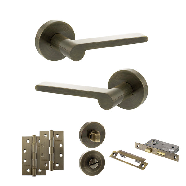 Senza Pari Darrio Door Handle Pack (Bathroom Set - 3" CE Bathroom Lock, 4" Slim Knuckle Hinges x2) - Antique Brass - ADPSPRO218AB13