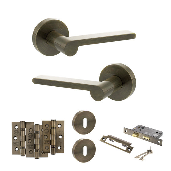 Senza Pari Darrio Door Handle Pack (3 Lever Lock Set - 2.5" CE Sashlock, 3" Fire Rated Hinges x3) - Antique Brass - ADPSPRO218AB14