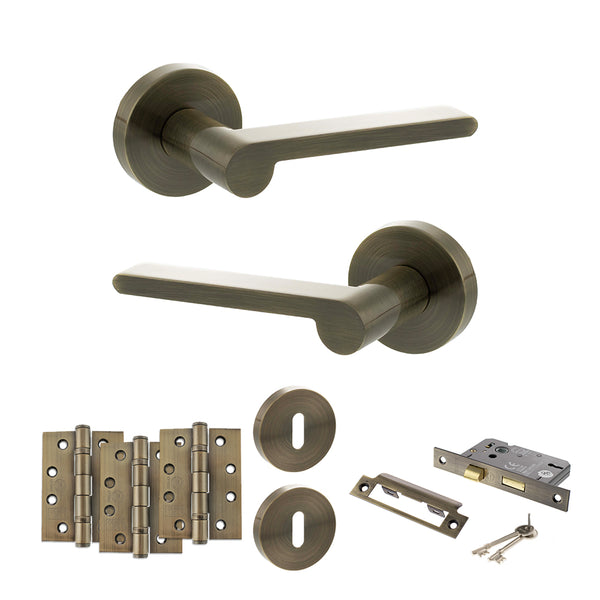 Senza Pari Darrio Door Handle Pack (3 Lever Lock Set - 2.5" CE Sashlock, 4" Fire Rated Hinges x3) - Antique Brass - ADPSPRO218AB16