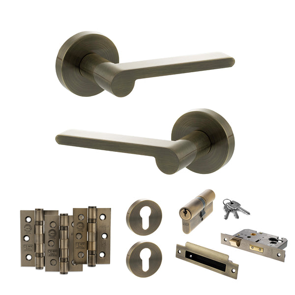 Senza Pari Darrio Door Handle Pack (Euro Lock Set - 2.5" CE Sashlock, 3" Fire Rated Hinges x3) - Antique Brass - ADPSPRO218AB20