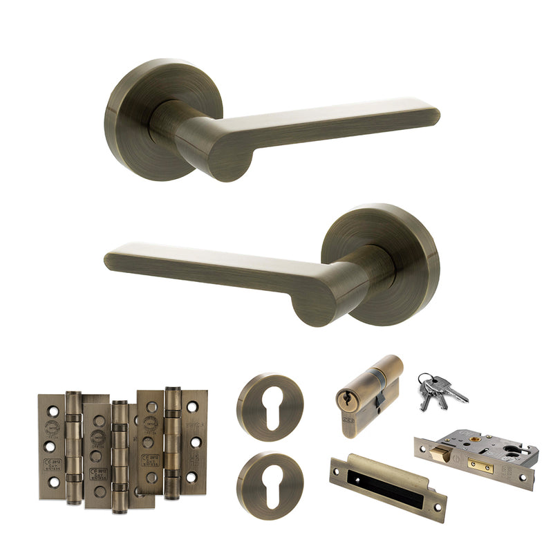 Senza Pari Darrio Door Handle Pack (Euro Lock Set - 2.5" CE Sashlock, 3" Fire Rated Hinges x3) - Antique Brass - ADPSPRO218AB20