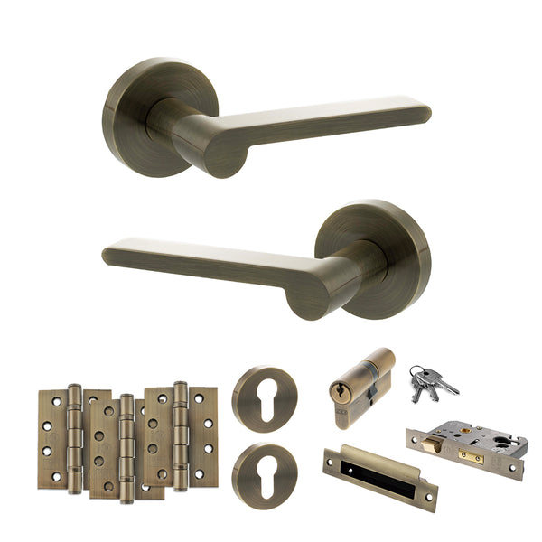Senza Pari Darrio Door Handle Pack (Euro Lock Set - 3" CE Sashlock, 4" Fire Rated Hinges x3) - Antique Brass - ADPSPRO218AB23
