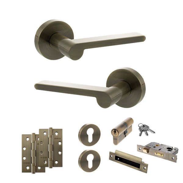 Senza Pari Darrio Door Handle Pack (Euro Lock Set - 2.5" CE Sashlock, 4" Slim Knuckle Hinges x2) - Antique Brass - ADPSPRO218AB24