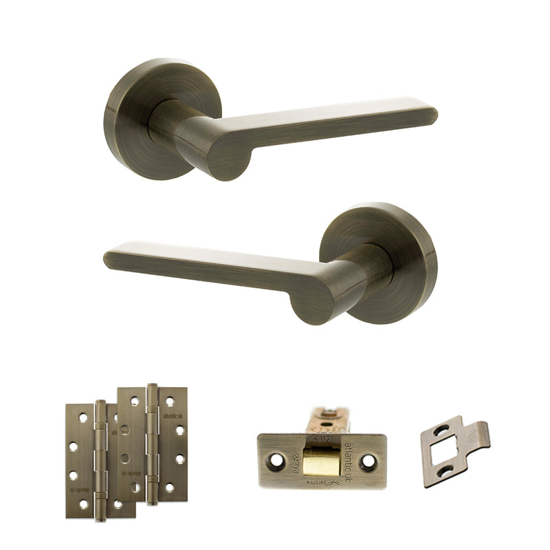 Senza Pari Darrio Door Handle Pack (Latch Set - 3" CE Latch, 4" Slim Knuckle Hinges x2) - Antique Brass - ADPSPRO218AB6