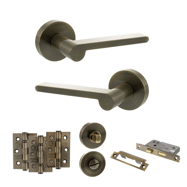 Senza Pari Darrio Door Handle Pack (Bathroom Set - 2.5" CE Bathroom Lock, 3" Fire Rated Hinges x3) - Antique Brass - ADPSPRO218AB8