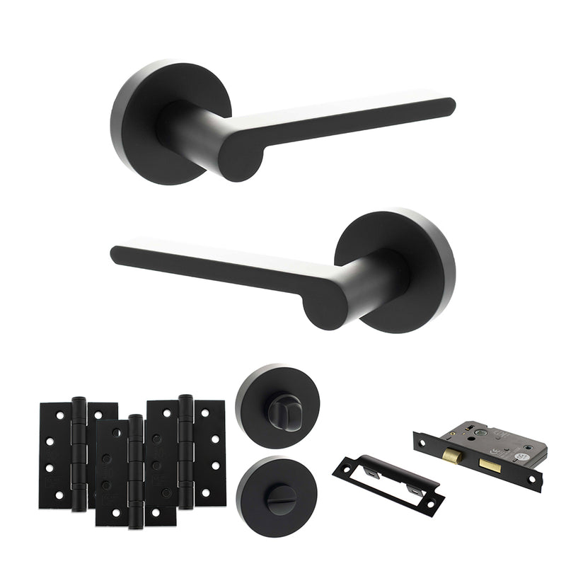 Senza Pari Darrio Door Handle Pack (Bathroom Set - 2.5" CE Bathroom Lock, 4" Fire Rated Hinges x3) - Matt Black - ADPSPRO218MB10 - Choice Handles