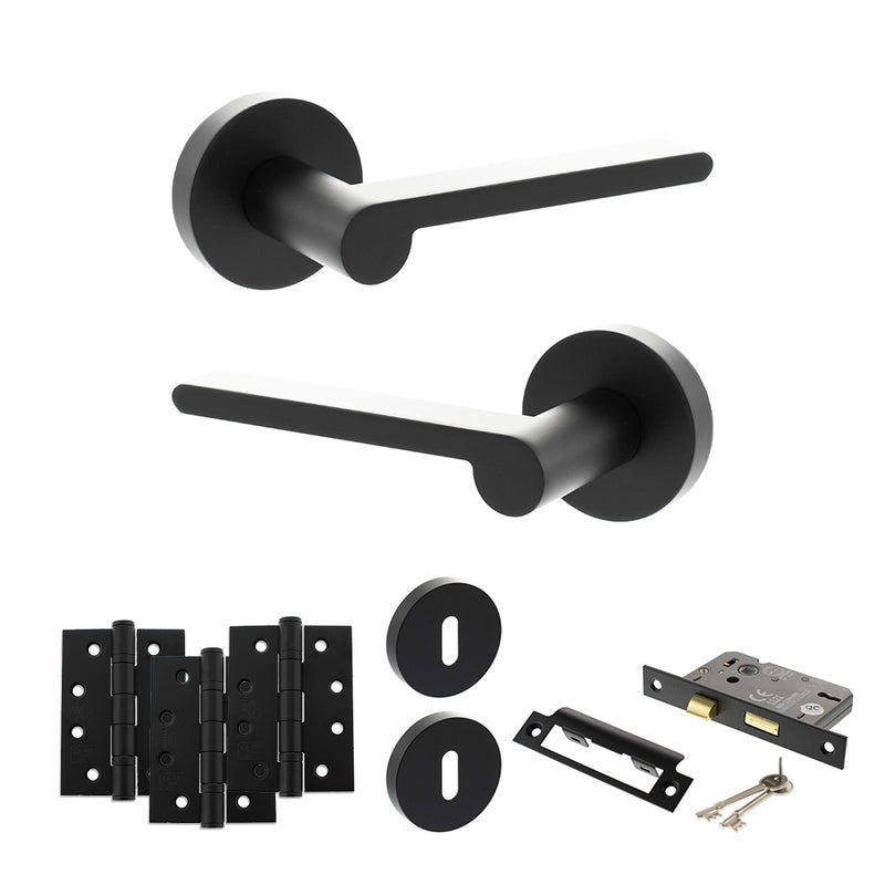 Senza Pari Darrio Door Handle Pack (3 Lever Lock Set - 3" CE Sashlock, 4" Fire Rated Hinges x3) - Matt Black - ADPSPRO218MB17